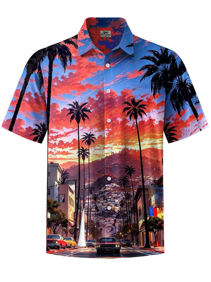 Alohadaddy® Hawaiian Palm Tree Sunset Print Button-Pocket Stretch Men&