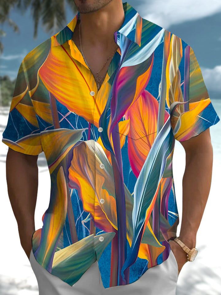 Alohadaddy® Hawaiian Leaf Pocket Button Stretch Men&