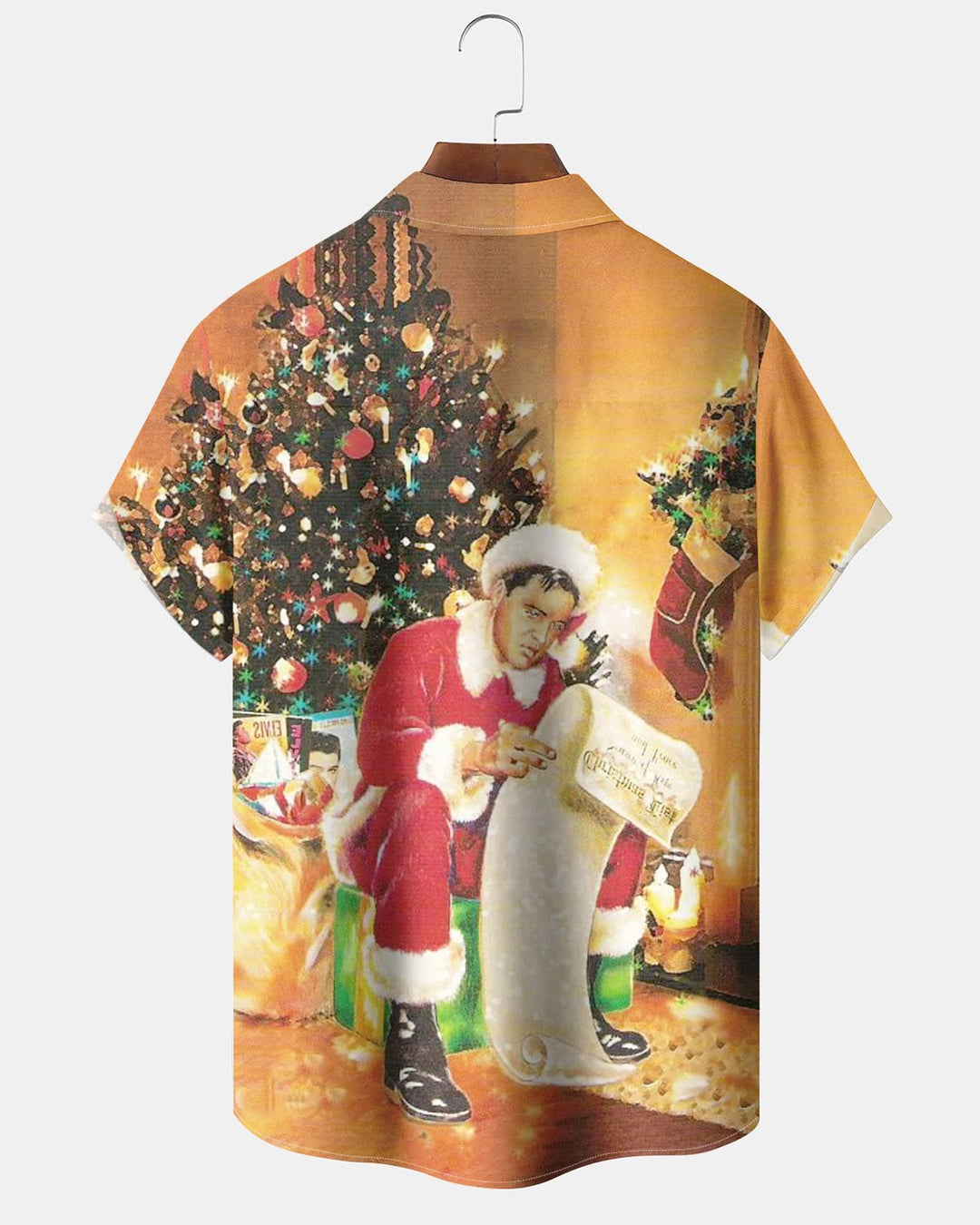 Alohadaddy® Vintage Christmas Elvis Christmas Tree Print Short Sleeve Shirt for Men Big &amp; Tall with Elvis Pockets and Elastic Buttons