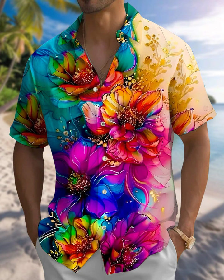 Alohadaddy® Hawaiian Flower Art Pocket Elastic Button Men&
