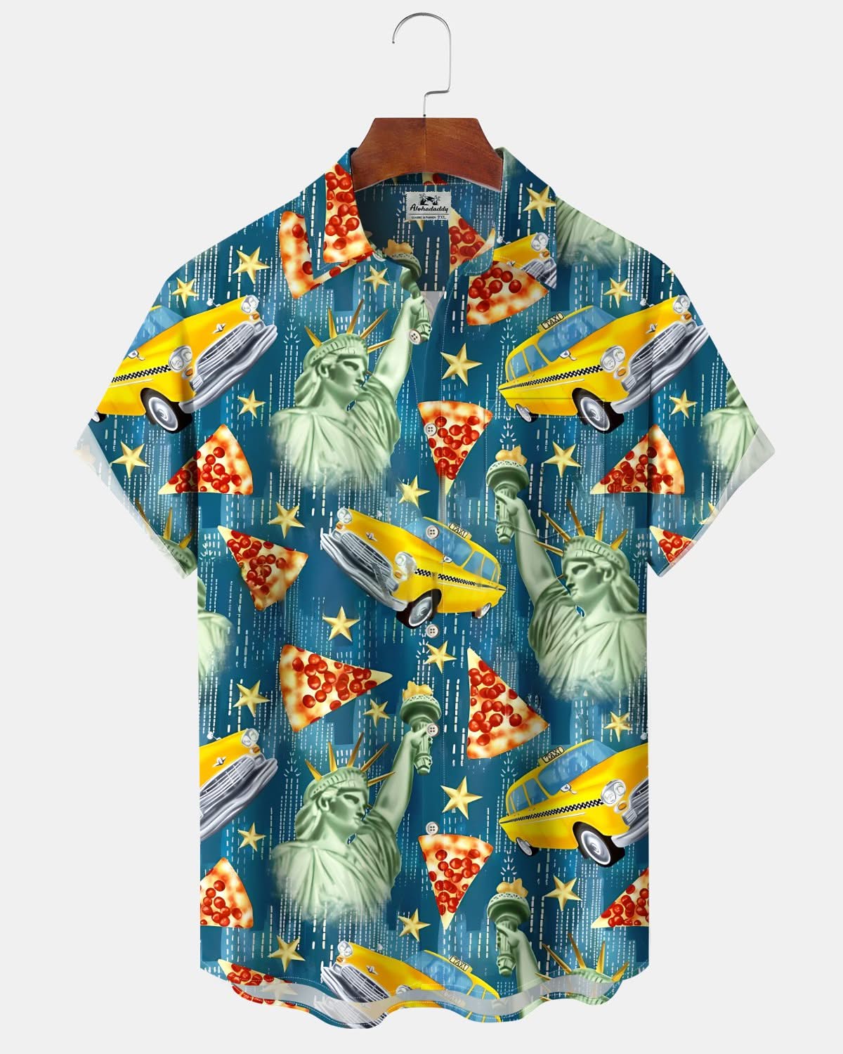 Alohadaddy® Vintage Statue of Liberty Pizza Print Pocket Stretch Men's Short Sleeve Shirt Big & Tall