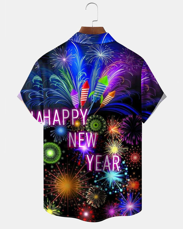 Alohadaddy® Holiday New Year Fireworks Print Art Pocket Stretch Button Men&
