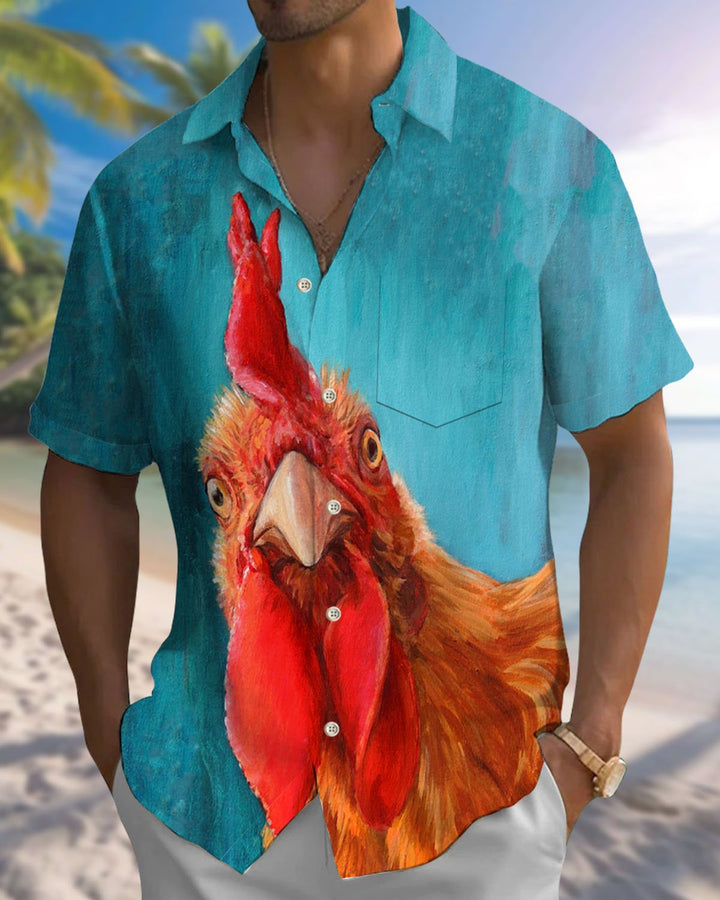 Alohadaddy® Casual Oil Painting Rooster Print Art Pocket Button Men&