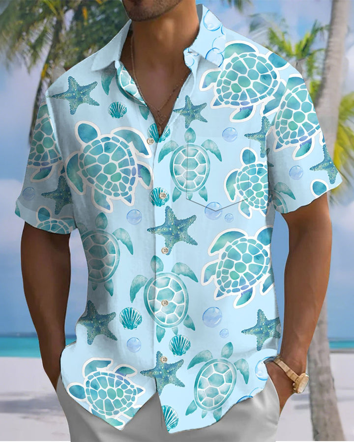 Alohadaddy® Casual Turtle Print Art Button Pocket Cardigan Men&
