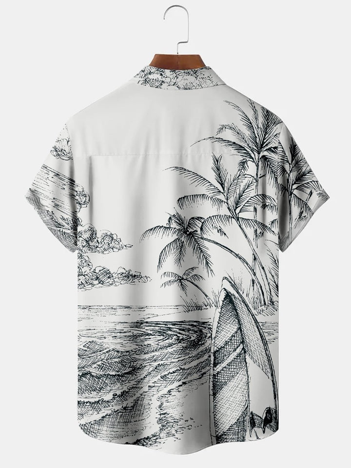 Camisa hawaiana con paisaje de playa y cocoteros pintados a mano para hombre