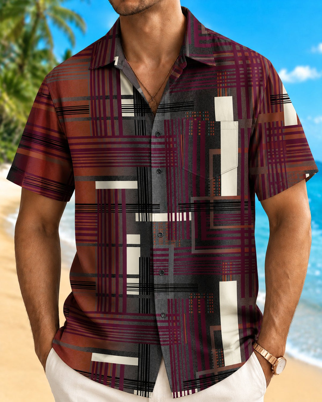 Alohadaddy® Casual Retro Abstract Striped Print Men&