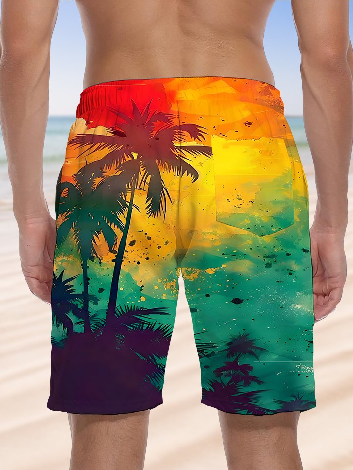 Alohadaddy Hawaiian Casual Palm Trees Gradient Color Painting Art Elastic Waist Drawstring Polyester Stretch Beach Shorts