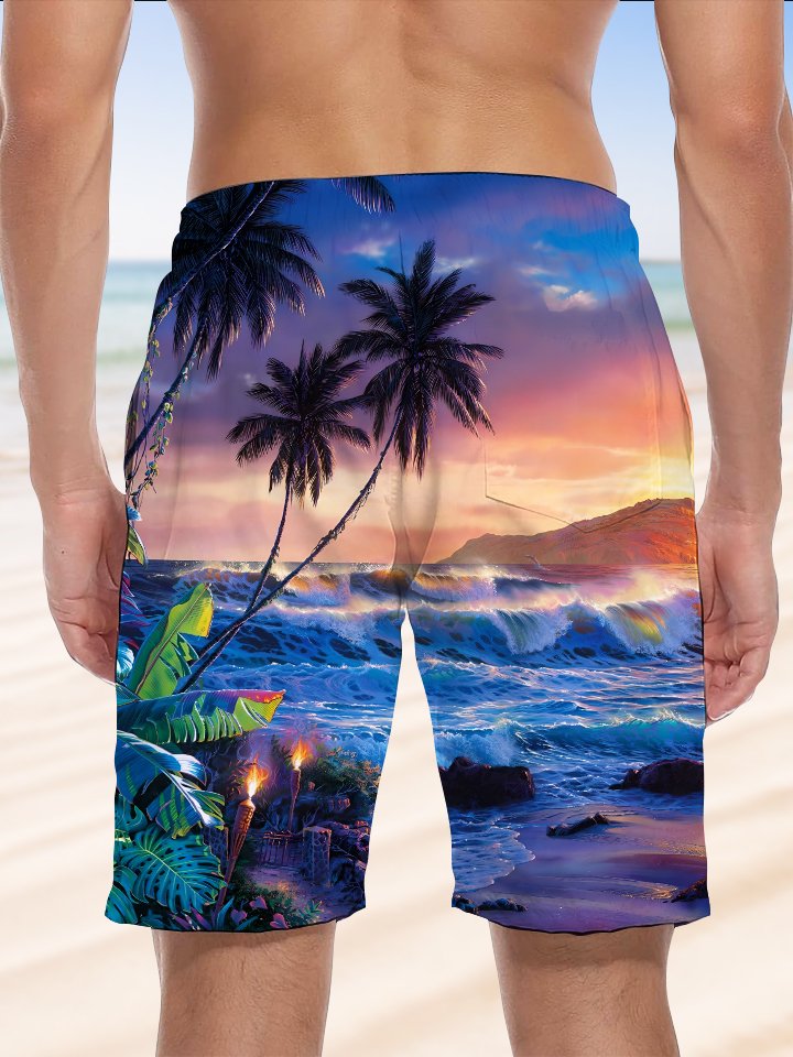 Alohadaddy Hawaii Palm Trees Seaside Sunset Print Art Drawstring Stretch Beach Shorts