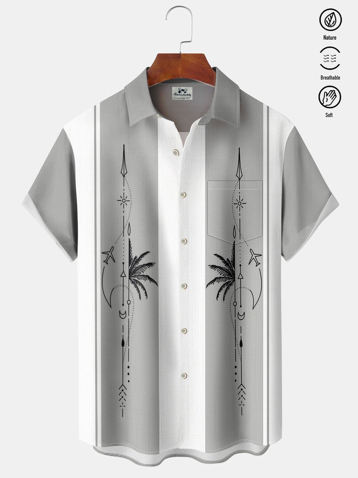 Alohadaddy Casual Collection Stripes Bamboo Cool Feeling Print Art Pocket Cardigan Buttons Polyester Stretch Short Sleeve Shirt