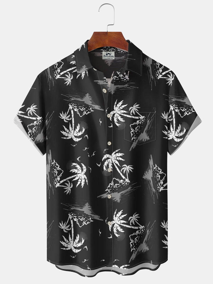 Alohadaddy Casual Collection Vacation Beach Palm Trees Print Art Button Cardigan Pocket Polyester Stretch Short Sleeve Shirt