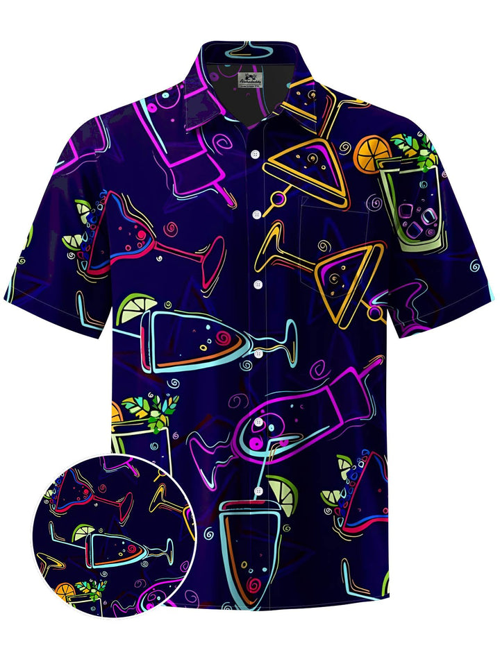 Alohadaddy® Hawaiian Cocktail Print Stretch Oversized Chest Pocket Mens Short Sleeve Shirt