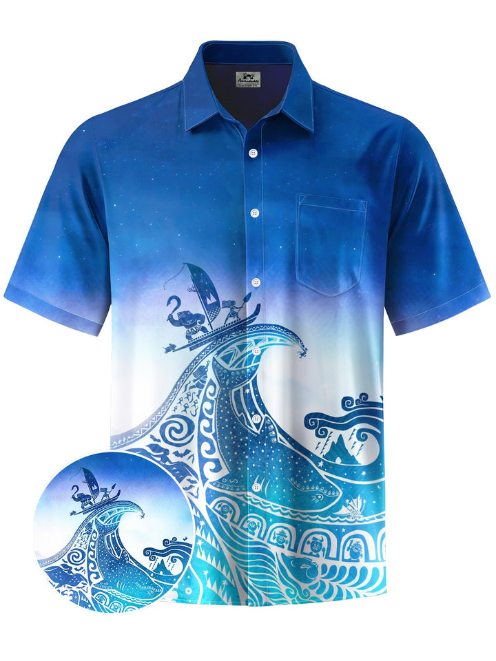 Alohadaddy® Vintage Ukiyo-e Gradient Print Chest Pocket Stretch Men&