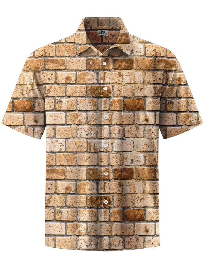 Alohadaddy® Casual Brick Wall Art Print Moisture Wicking Chest Pocket Mens Short Sleeve Shirt Big &amp; Tall