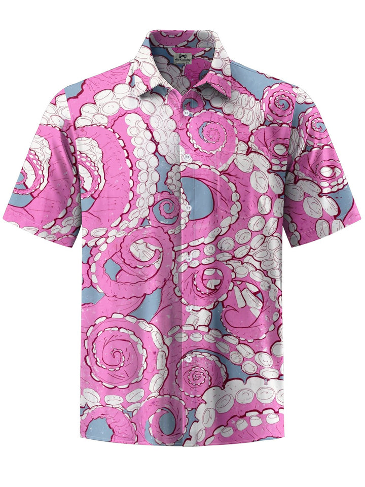 Alohadaddy® Hawaiian Octopus Art Print Chest Pocket Mens Short Sleeve Shirts Big &amp; Tall