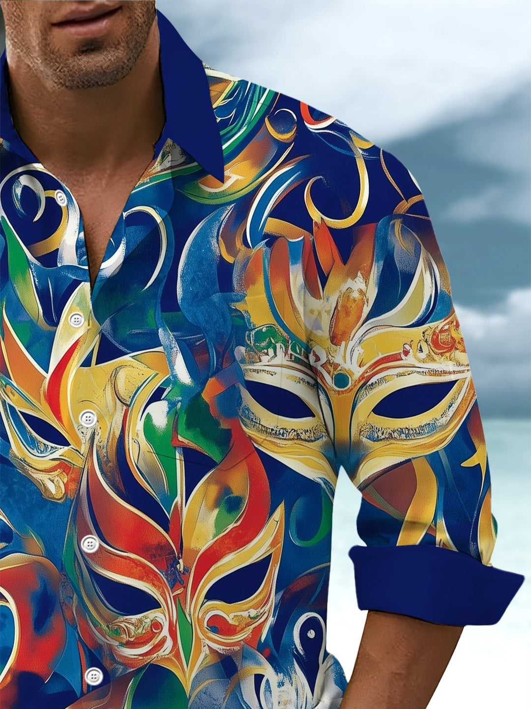 Alohadaddy® Casual Carnival Mask Contrast Art Print Chest Pocket Men&
