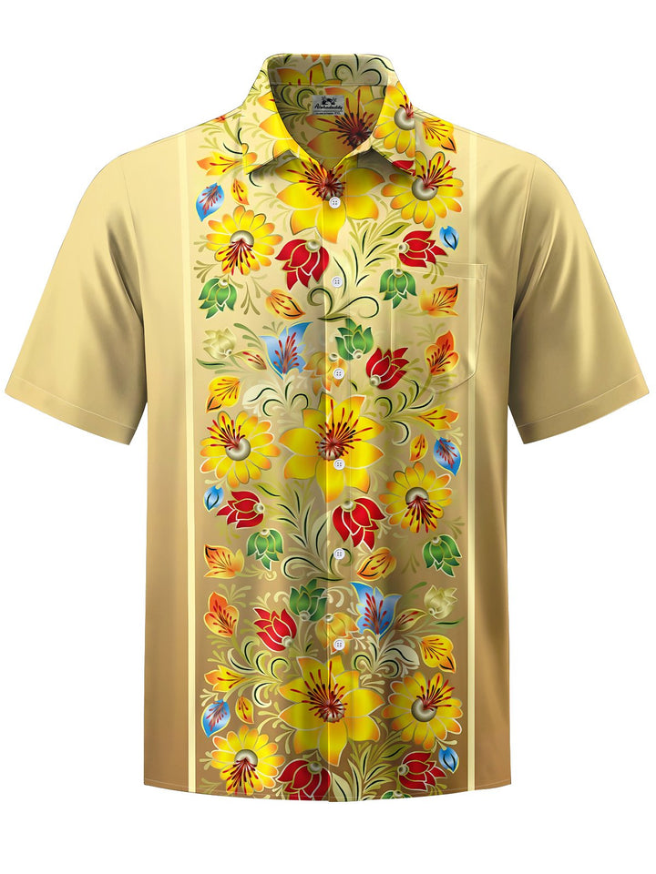 Alohadaddy® Casual Floral Stripe Art Print Chest Pocket Men&