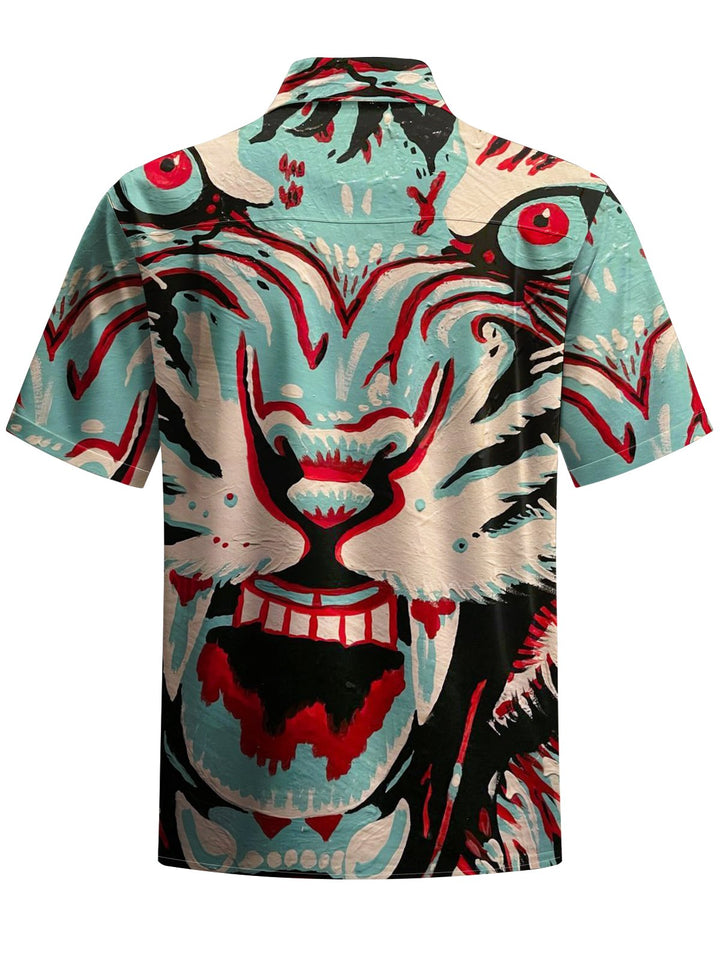 Alohadaddy® Vintage Oil Painting Tiger Head Print Art Chest Pocket Men&