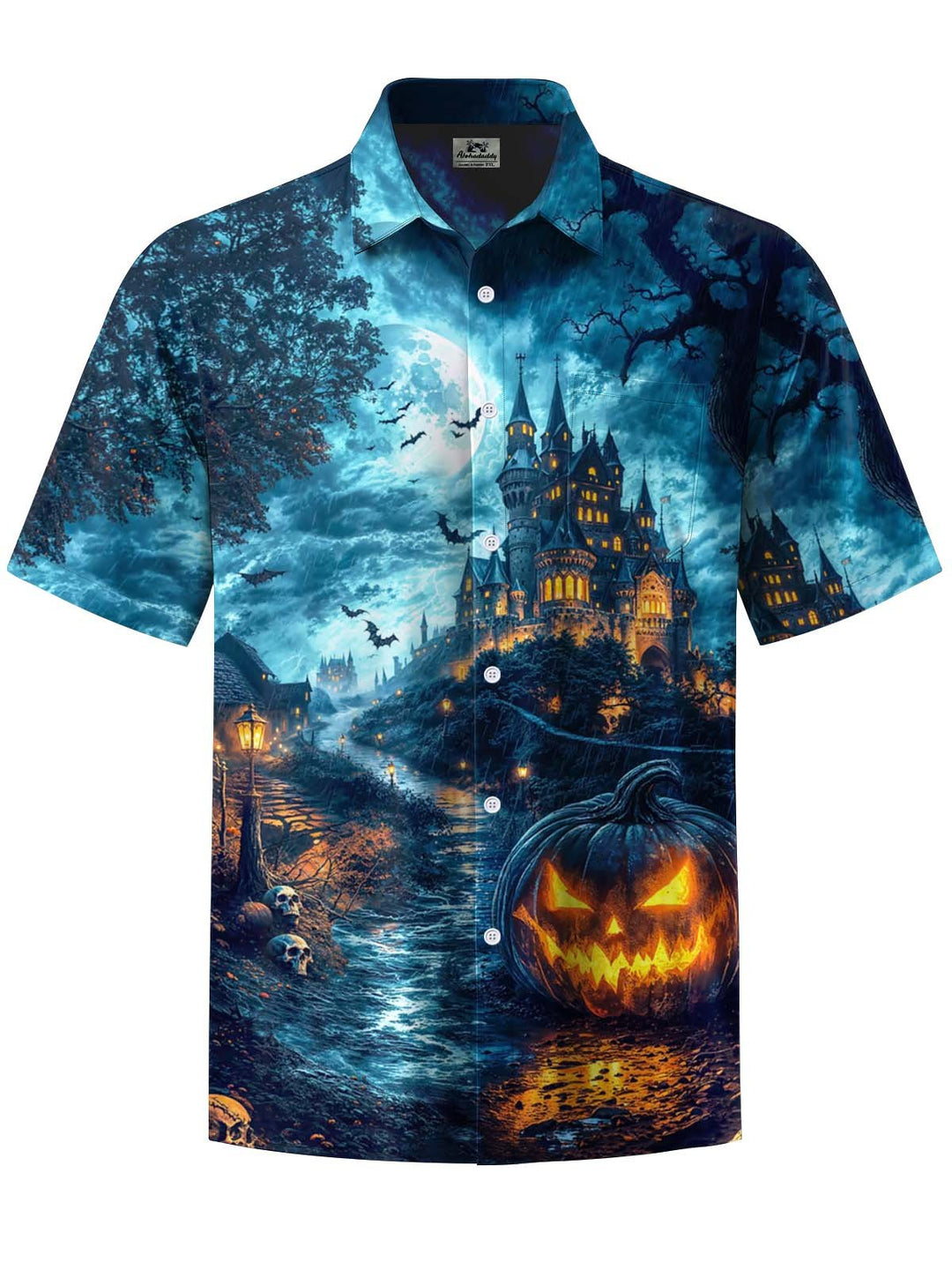 Alohadaddy® Halloween Pumpkin Castle Printed Artwork Chest Pocket Men&