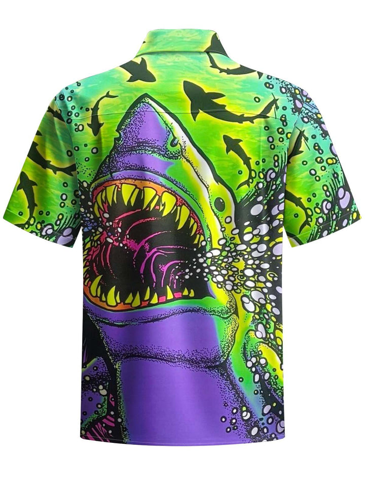 Alohadaddy® Retro Shark Art Print Chest Pocket Stretch Men&