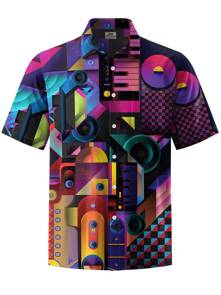 Alohadaddy® Retro Geometric Musical Instruments Print Art Chest Pocket Stretch Men&