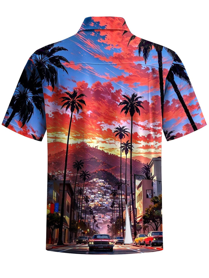 Alohadaddy® Hawaiian Palm Tree Sunset Print Button-Pocket Stretch Men&