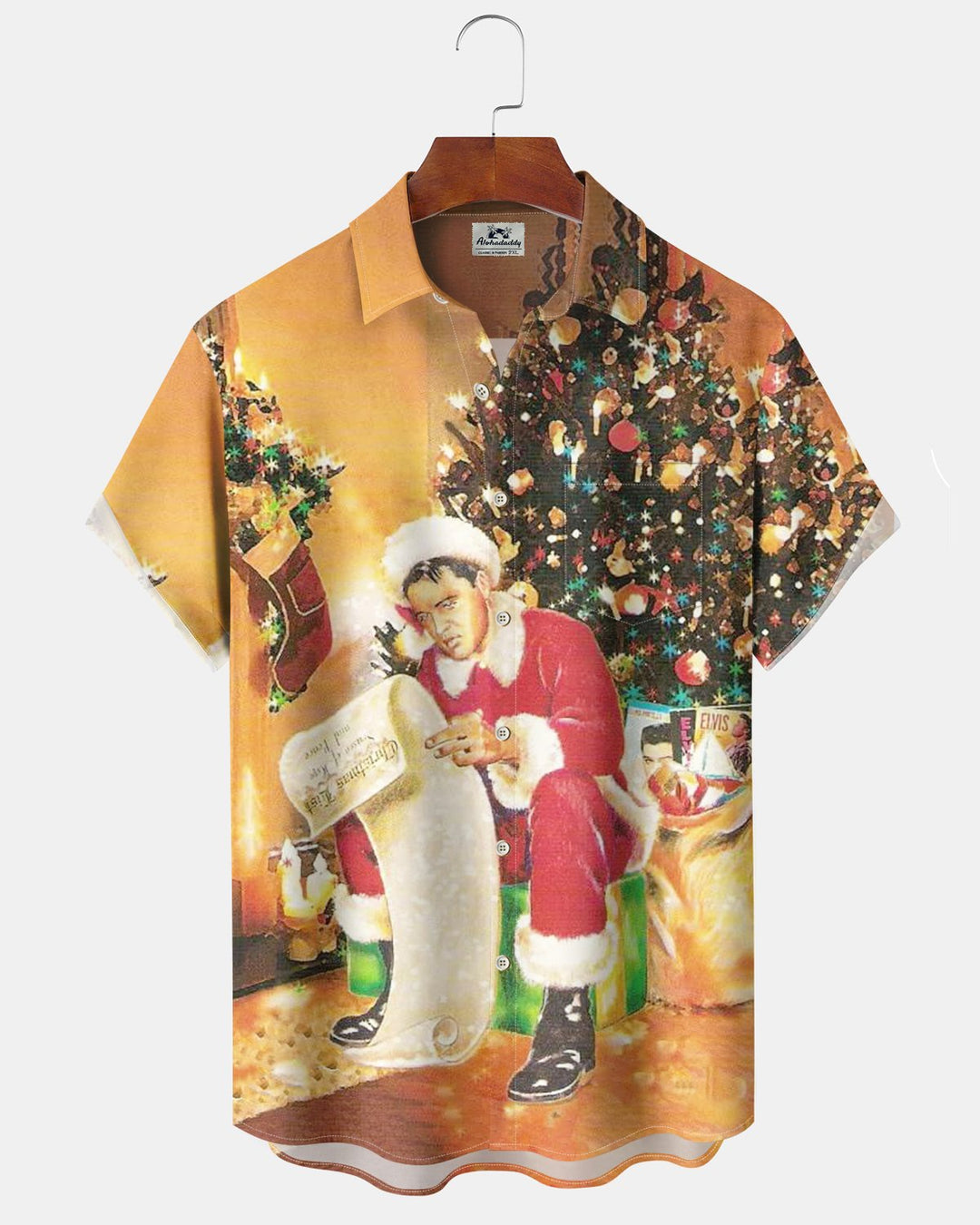 Alohadaddy® Vintage Christmas Elvis Christmas Tree Print Short Sleeve Shirt for Men Big &amp; Tall with Elvis Pockets and Elastic Buttons