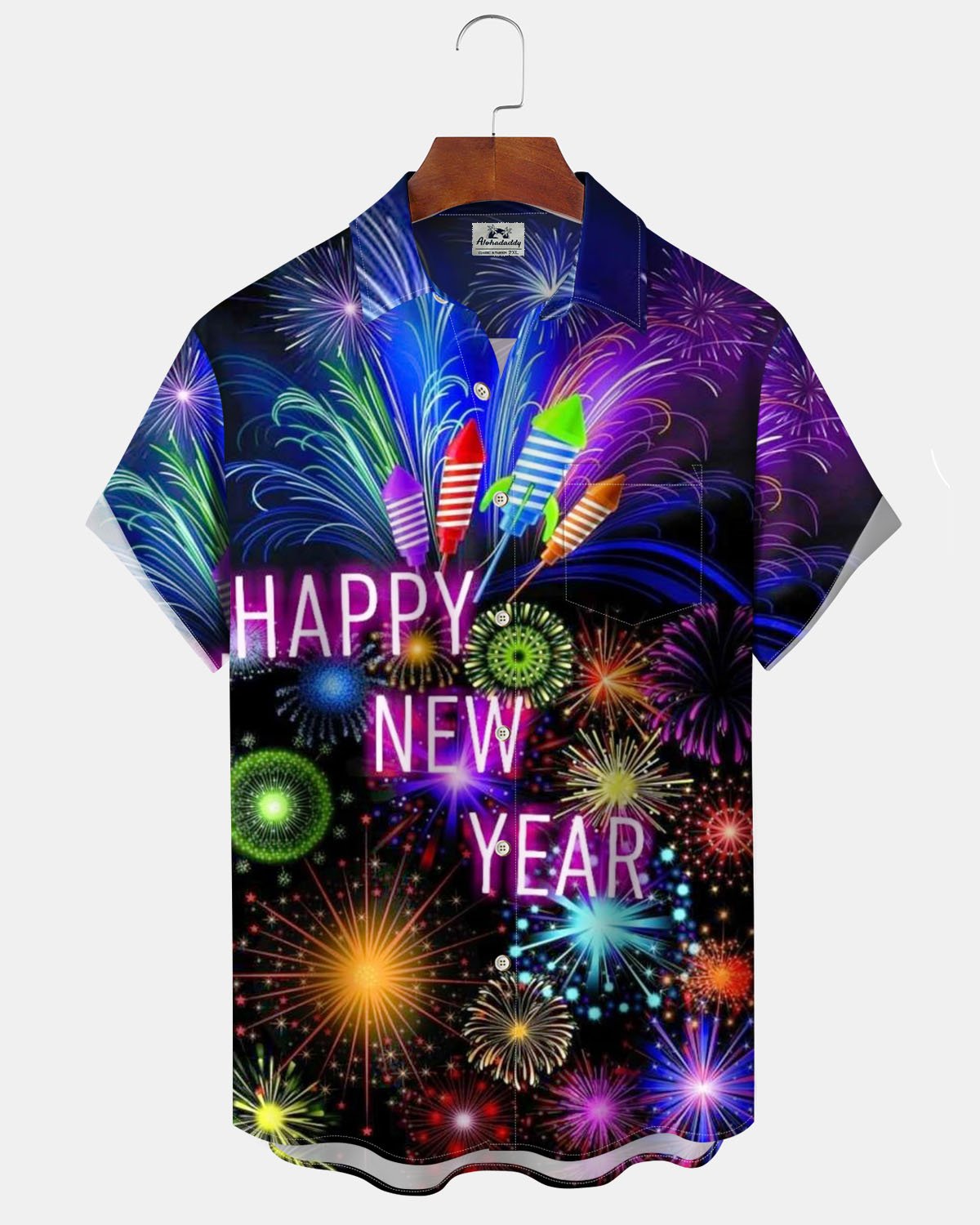 Alohadaddy® Holiday New Year Fireworks Print Art Pocket Stretch Button Men's Short Sleeve Shirt Big & Tall