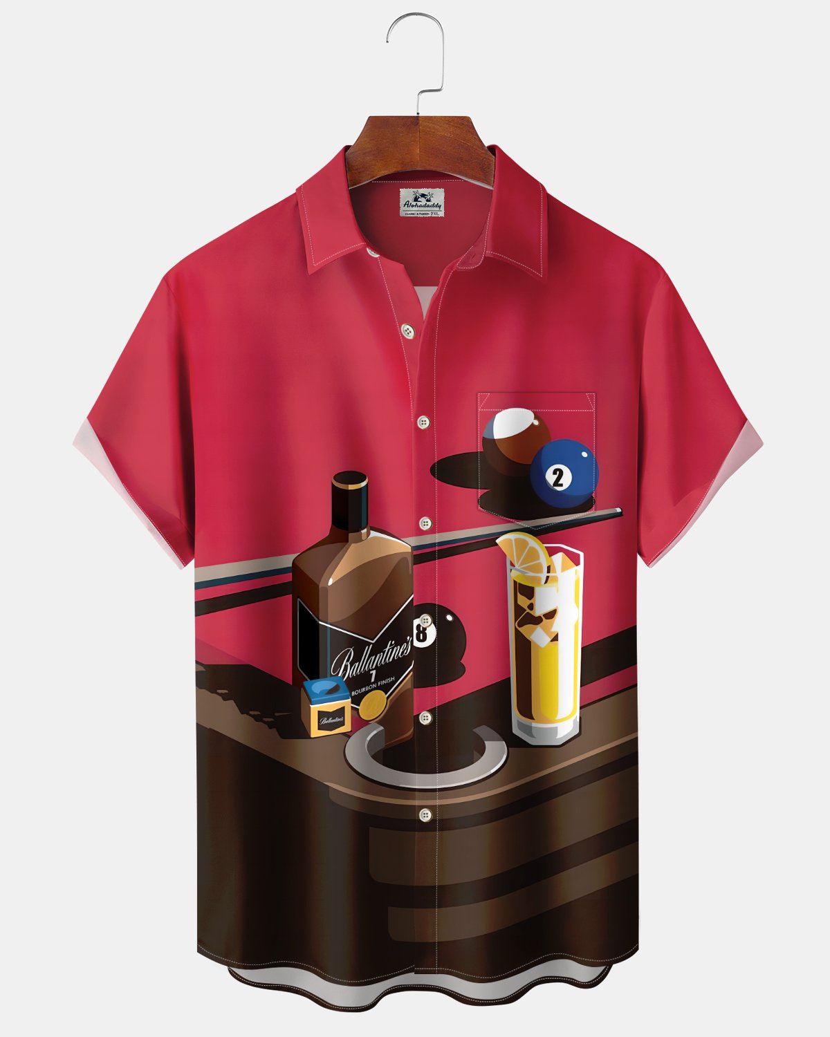 Alohadaddy® Men's Short-Sleeve Button-Down Cardigan Shirt  Vintage Billiards & Cocktail Glass Print with Pocket