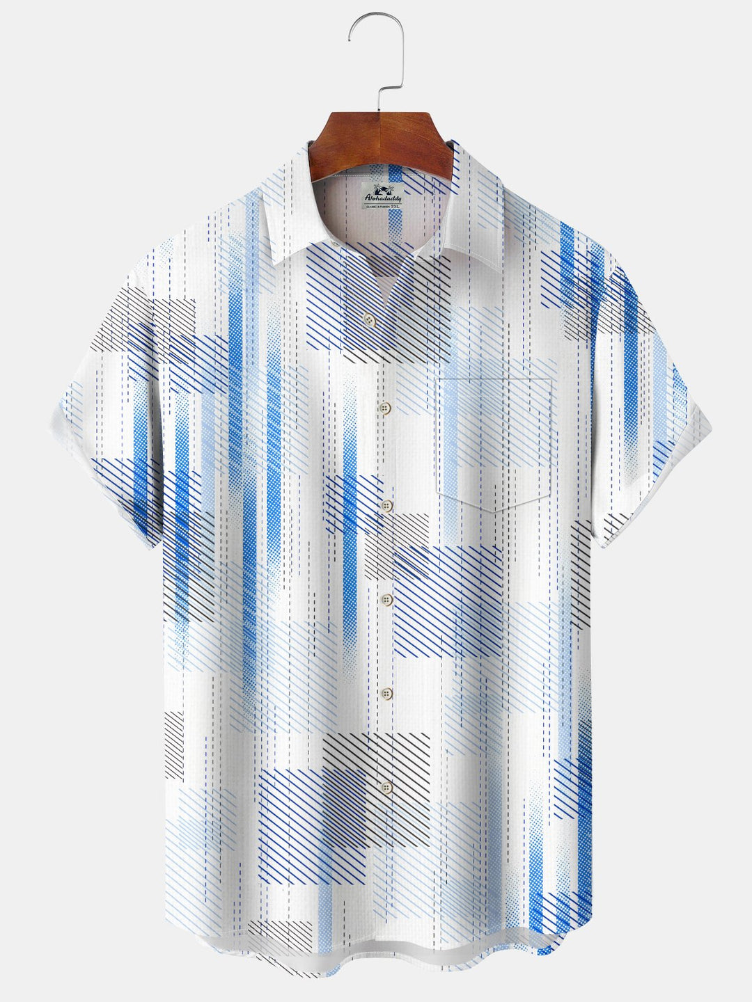 Alohadaddy Casual Stripe Art Print Polyester Stretch Oversized Pocket Short Sleeve Shirt