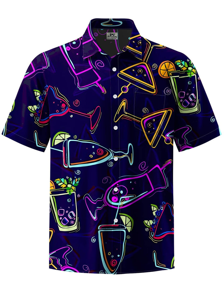 Alohadaddy® Hawaiian Cocktail Print Stretch Oversized Chest Pocket Mens Short Sleeve Shirt
