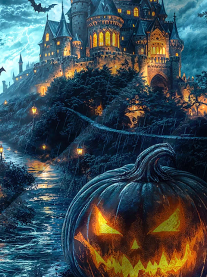 Alohadaddy® Halloween Pumpkin Castle Printed Artwork Chest Pocket Men&
