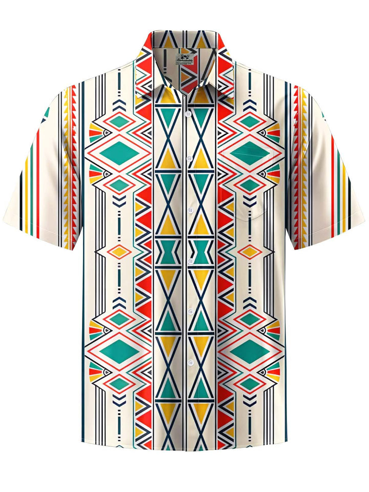 Alohadaddy® Casual Ethnic Geometric Art Print Chest Pocket Stretch Men&