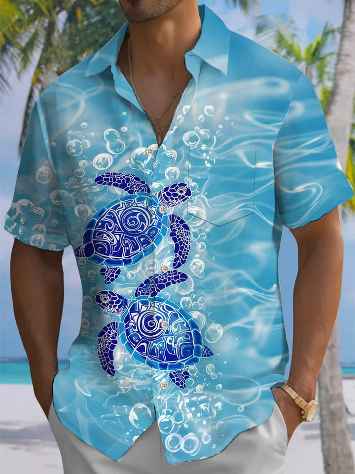 Alohadaddy® Hawaiian Sea Turtle Print Button Pocket Stretch Men&