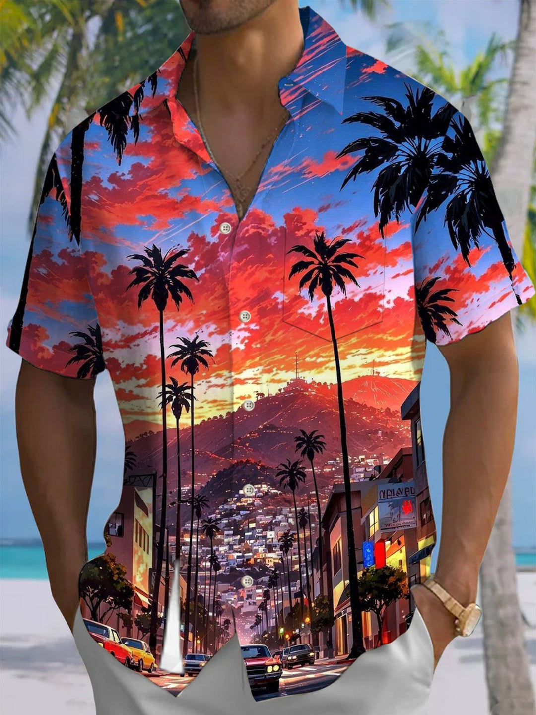 Alohadaddy® Hawaiian Palm Tree Sunset Print Button-Pocket Stretch Men&