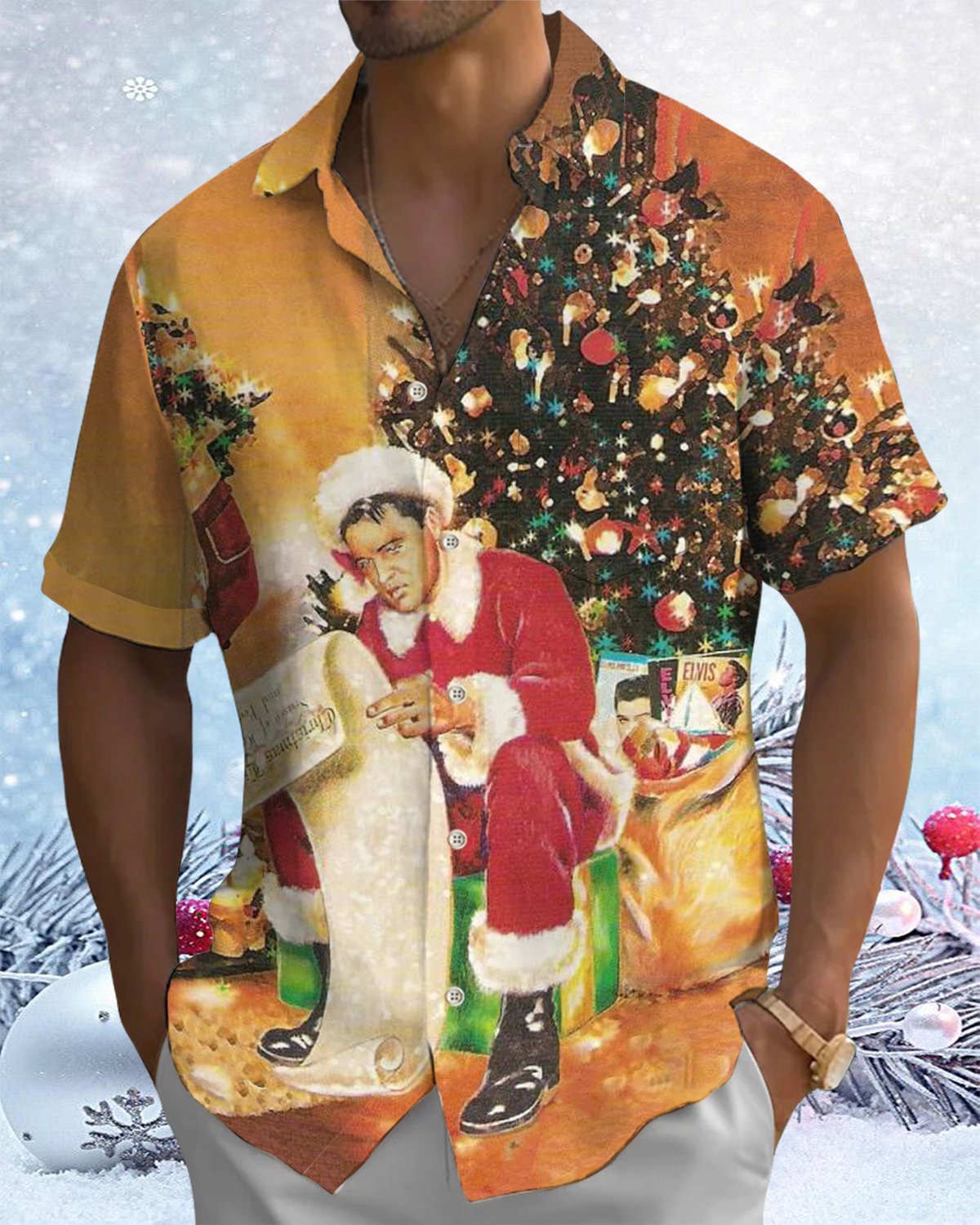 Alohadaddy® Vintage Christmas Elvis Christmas Tree Print Short Sleeve Shirt for Men Big & Tall with Elvis Pockets and Elastic Buttons