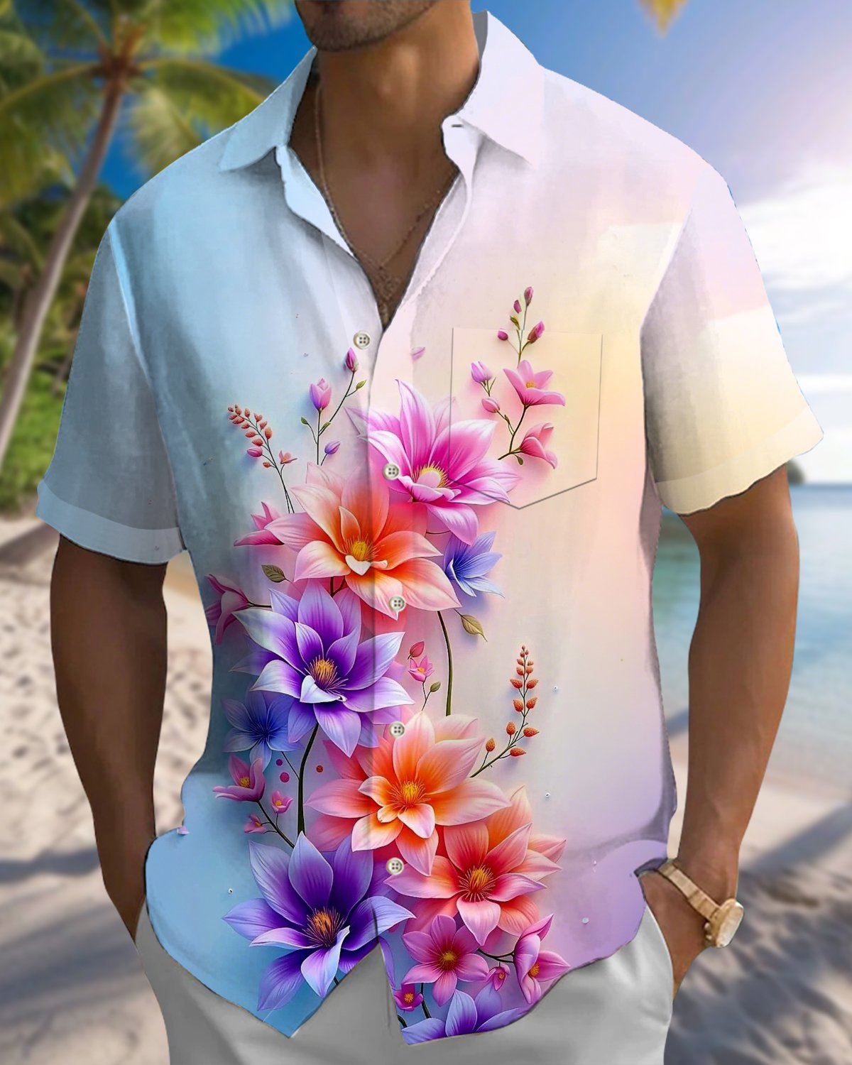 Alohadaddy® Hawaiian Floral Print Pocket Elastic Button Men's Long Sleeve Shirt Big & Tall