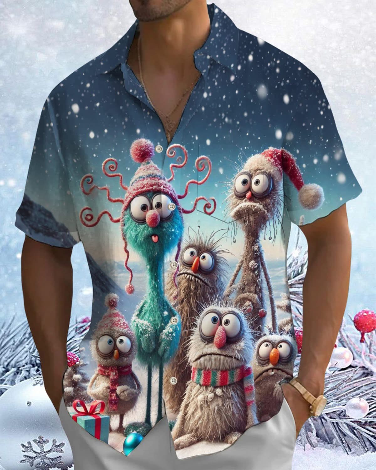 Alohadaddy® Christmas Quirky Dirty Snow Creatures Printed Pocket Button Men's Short Sleeve Shirt Big & Tall
