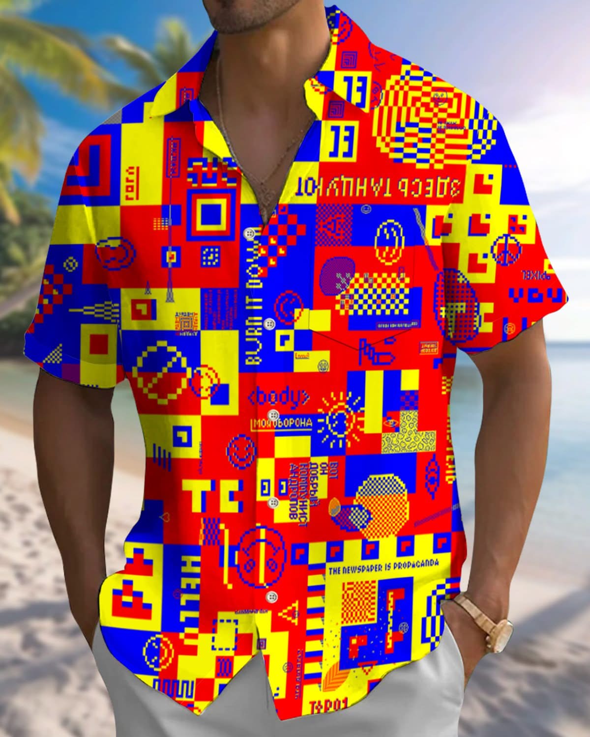 Alohadaddy® Vintage Geometric Print Art Pocket Button Men's Short Sleeve Shirt Big & Tall