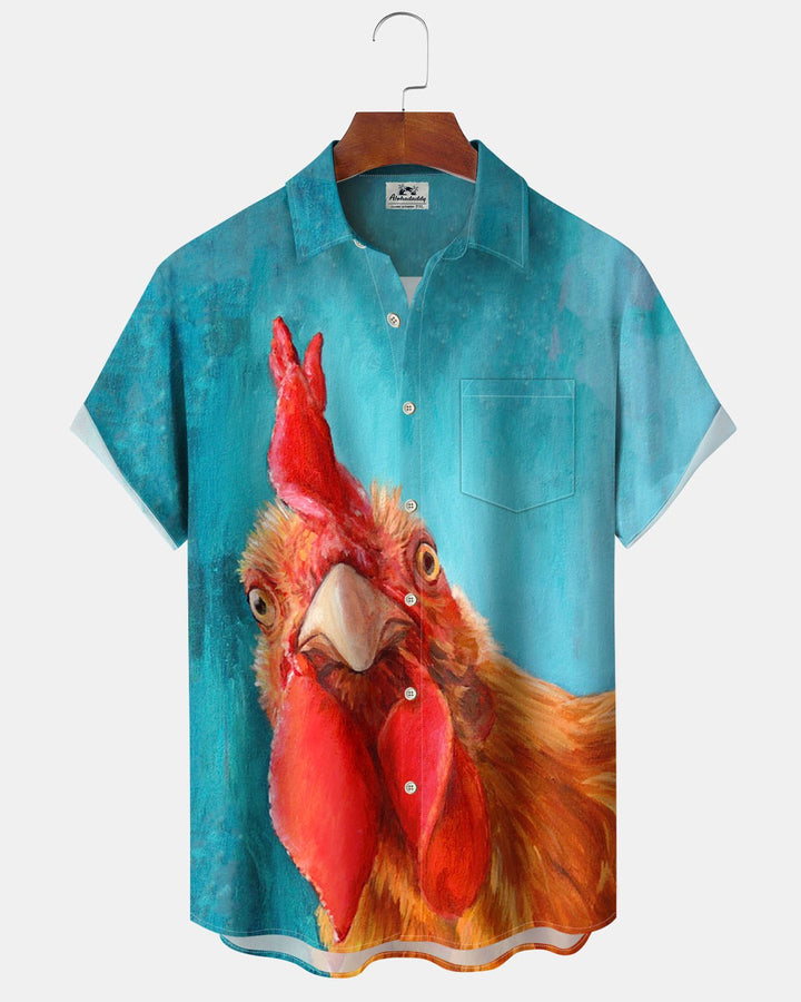 Alohadaddy® Casual Oil Painting Rooster Print Art Pocket Button Men&
