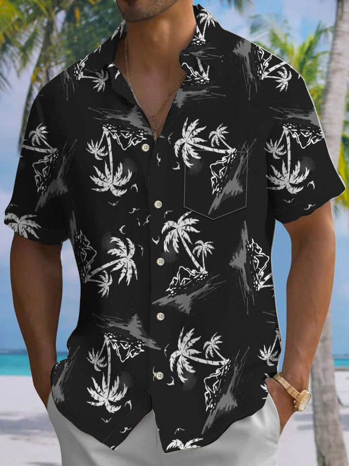 Alohadaddy Casual Collection Vacation Beach Palm Trees Print Art Button Cardigan Pocket Polyester Stretch Short Sleeve Shirt