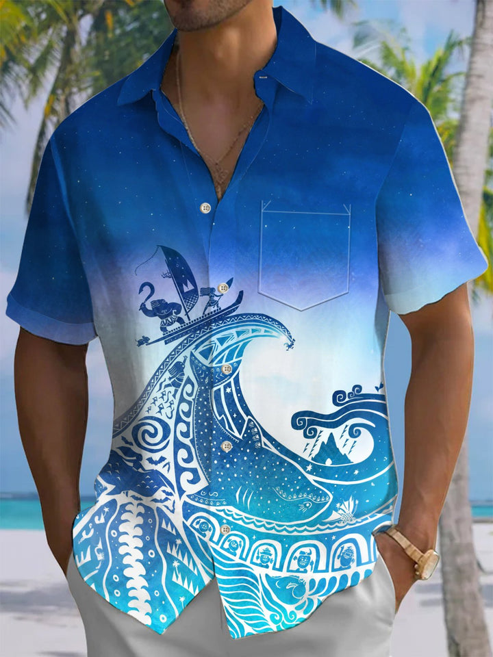 Alohadaddy® Vintage Ukiyo-e Gradient Print Chest Pocket Stretch Men&