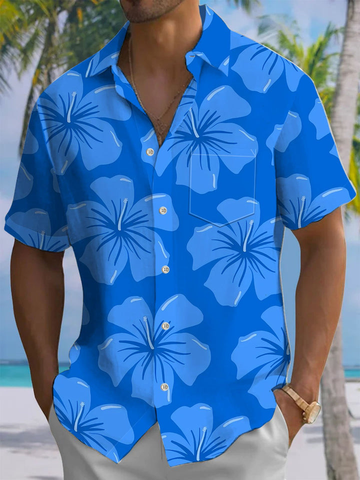 Alohadaddy® Hawaiian Flowers Print Chest Pocket Men&