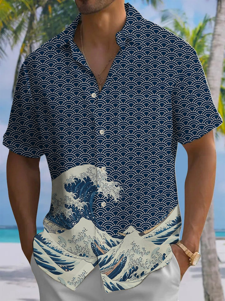 Alohadaddy® Casual Retro Ukiyo-e Print Art Chest Pocket Men&