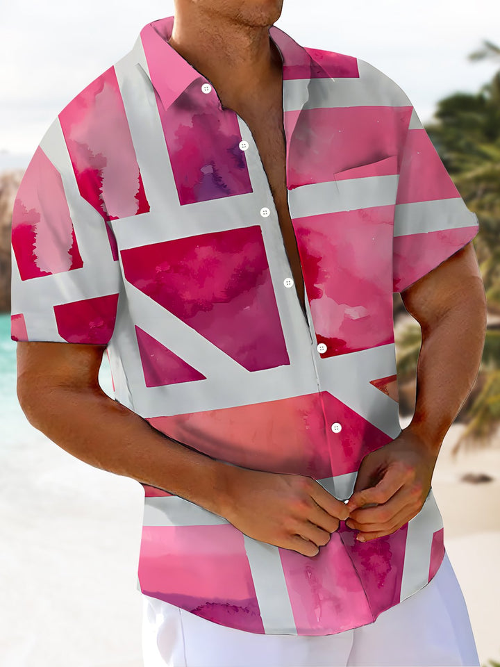 Alohadaddy® Casual Geometric Art Print Chest Pocket Mens Short Sleeve Shirt Big &amp; Tall