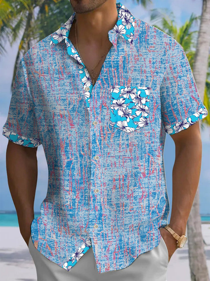 Alohadaddy® Casual Colorblock Floral Art Print Chest Pocket Men&