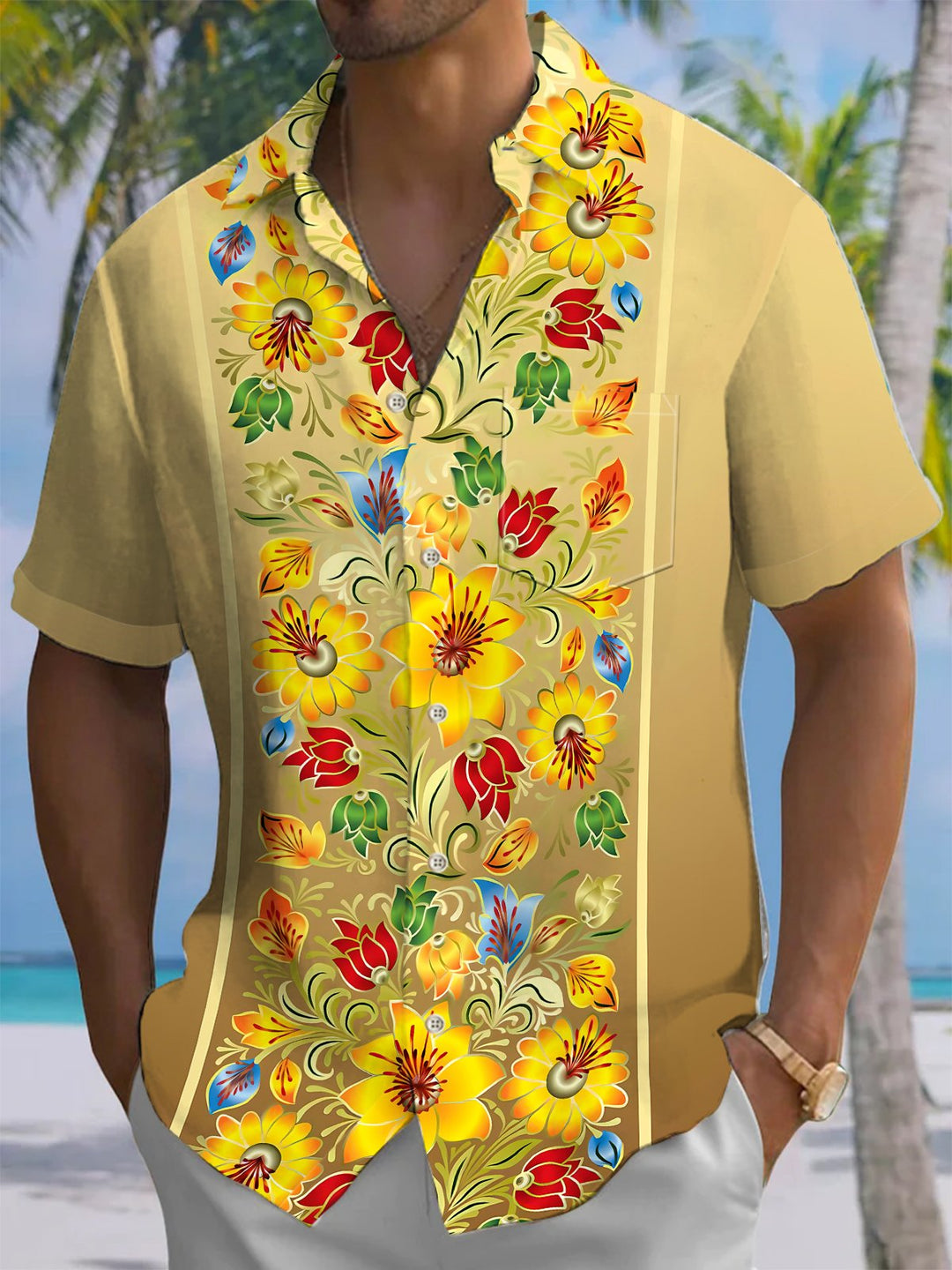Alohadaddy® Casual Floral Stripe Art Print Chest Pocket Men&