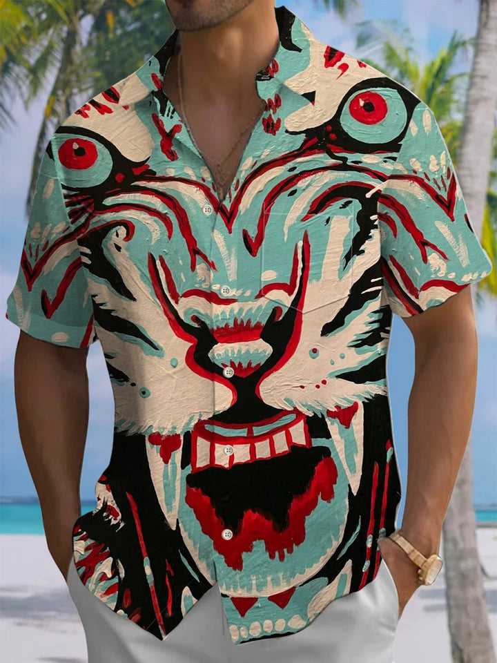 Alohadaddy® Vintage Oil Painting Tiger Head Print Art Chest Pocket Men&