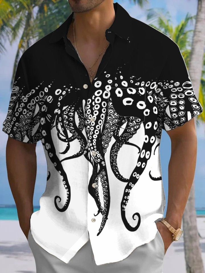 Alohadaddy® Casual Octopus Ombre Art Print Chest Pocket Men&