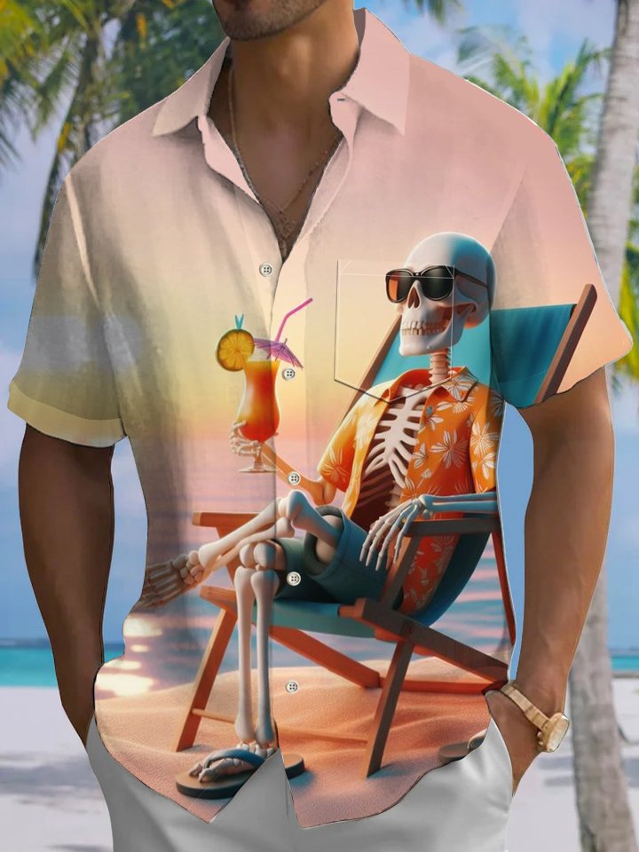 Alohadaddy® Hawaiian Vacation Skull Art Print Chest Pocket Men&