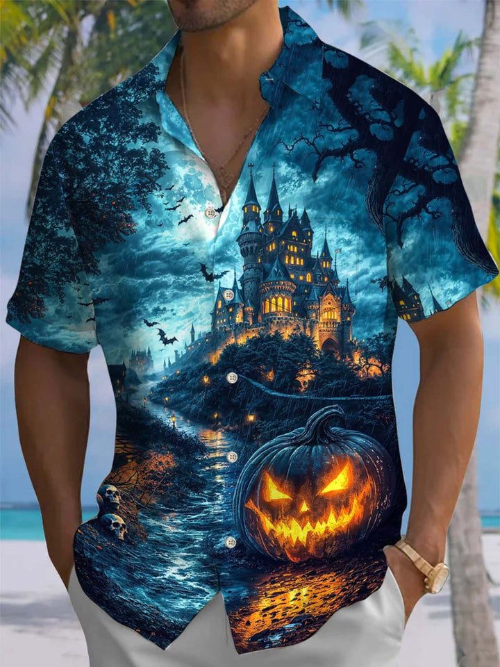 Alohadaddy® Halloween Pumpkin Castle Printed Artwork Chest Pocket Men&